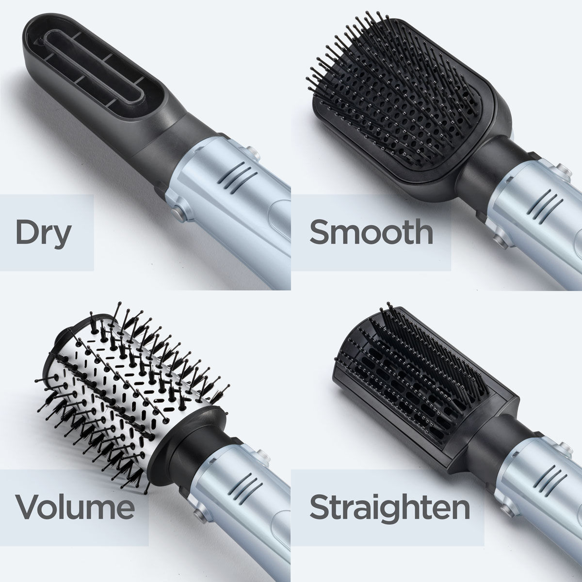 4 styling heads (Dryer nozzle, smoothing brush, volume brush, straightening brush)